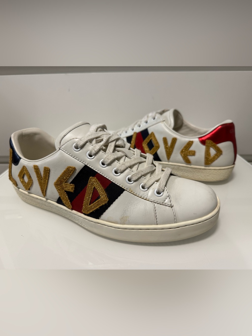 Gucci White Leather 'Loved' Sneakers with Red, Blue & Gold Accents - Picture 1 of 17